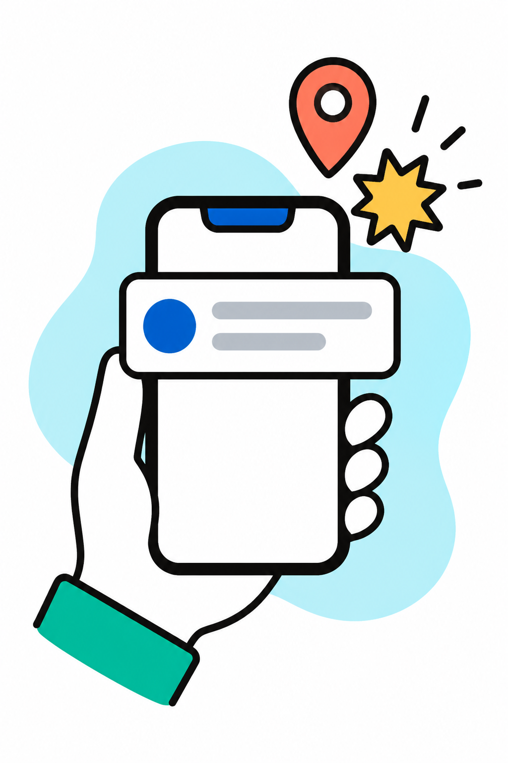 Illustration: a hand holding a phone showing a scan notification with a map pin
