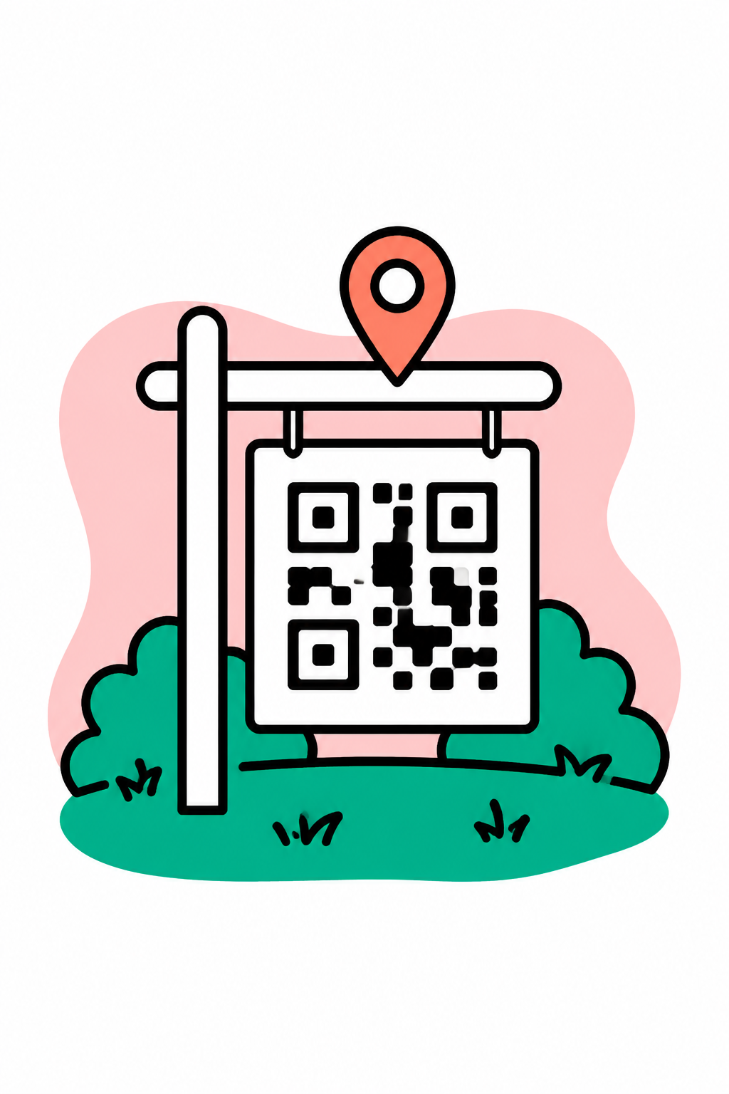 Illustration: a lawn sign with a QR code and a map pin above it