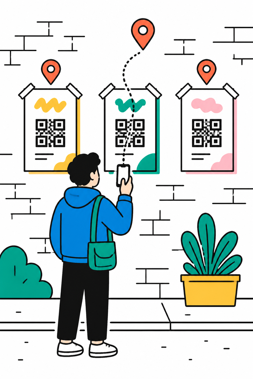 Illustration: a passer-by scans one of three wall posters, each with its own QR code and map pin